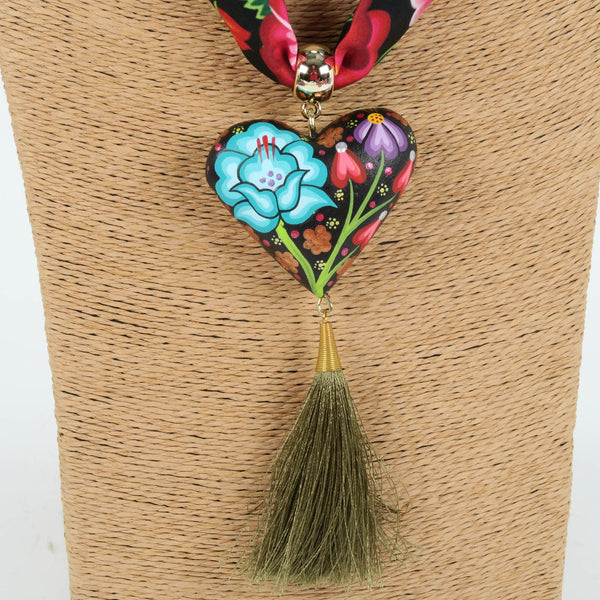 Oaxacan Alebrije Wood Carving Heart & Flowers Necklace