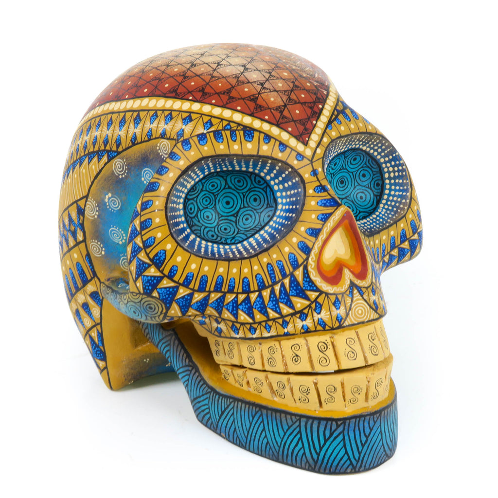 Day of The Dead Skull (Yellow & Blue) - Oaxacan Alebrije Wood Carving
