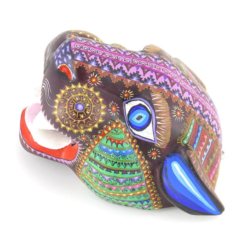 oaxacan wooden carved hand painted jaguar head green & purple