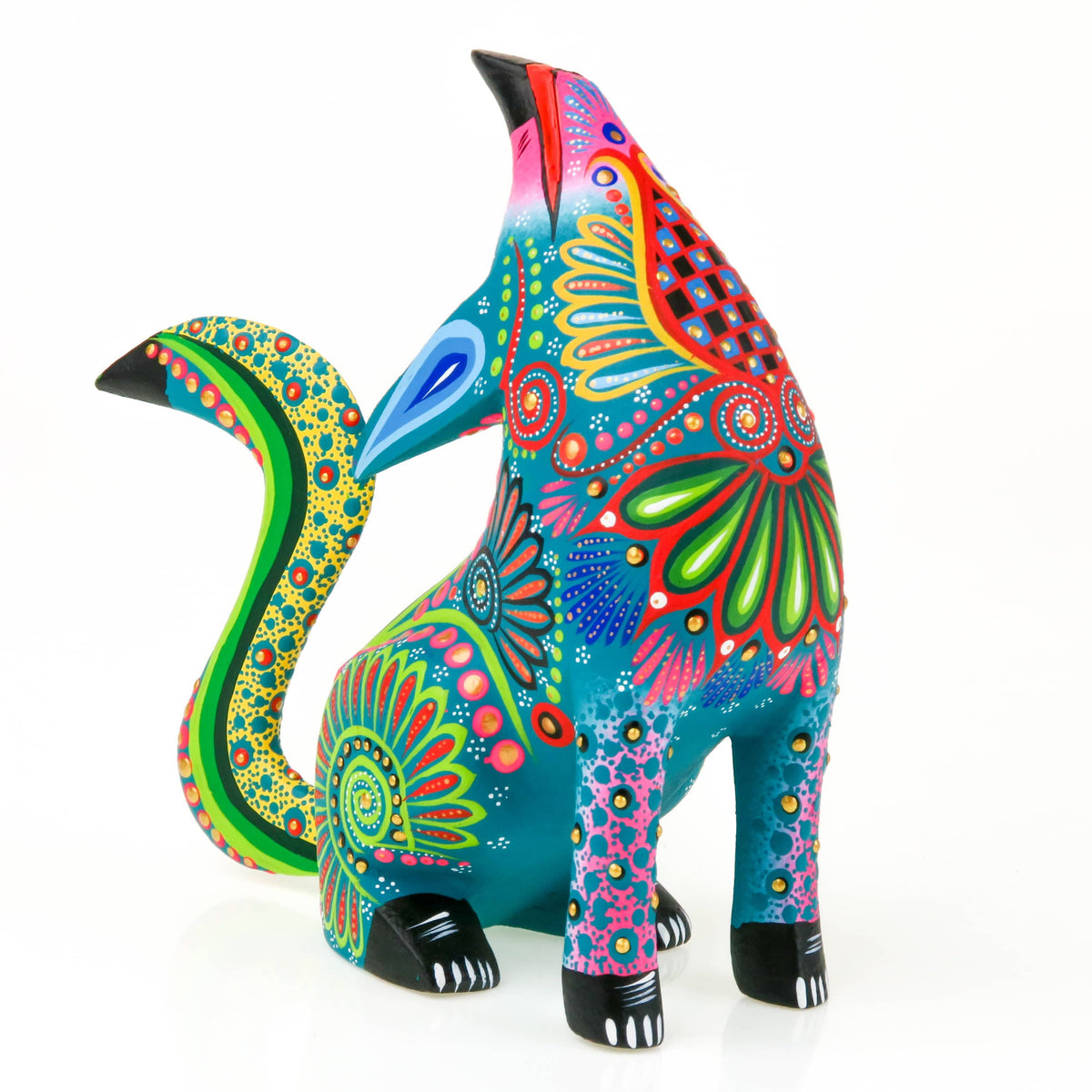 Turquoise Howling Coyote - Oaxacan Alebrije Wood Carving