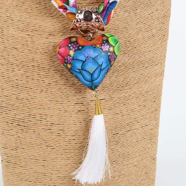 Oaxacan Alebrije Wood Carving Heart & Flowers Necklace
