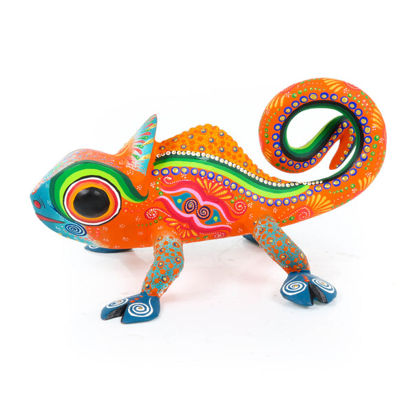 Orange Chameleon Oaxacan Alebrije Wood Carving Mexican Folk Art Sculpture