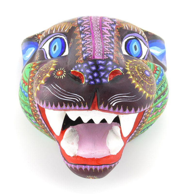 oaxacan wooden carved hand painted jaguar head green & purple VivaMexico.com