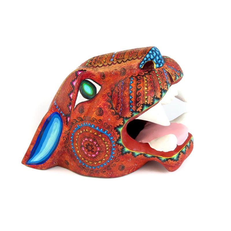 oaxacan wooden carved hand painted jaguar head VivaMexico.com