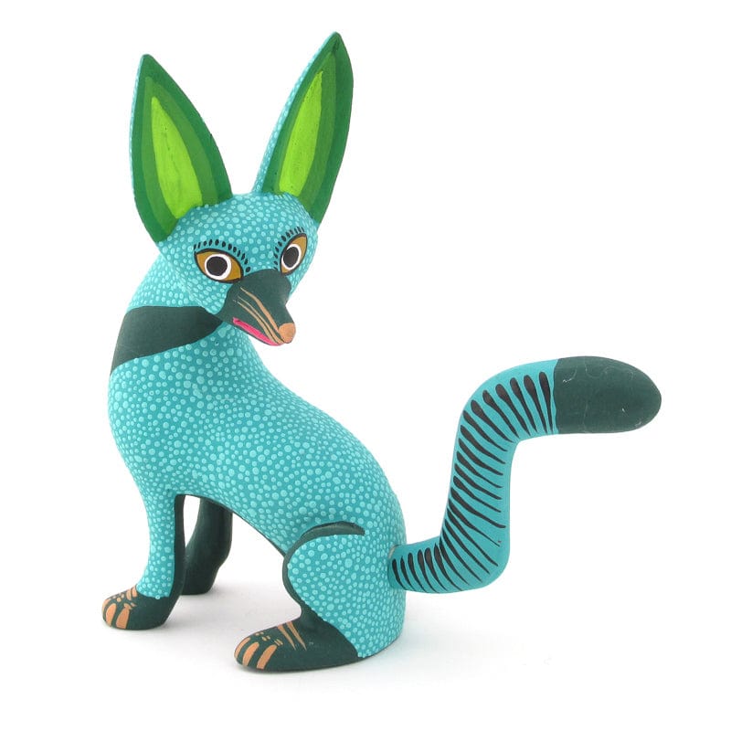 Turquoise Blue Fox Alebrije Wood Carving VivaMexico.com