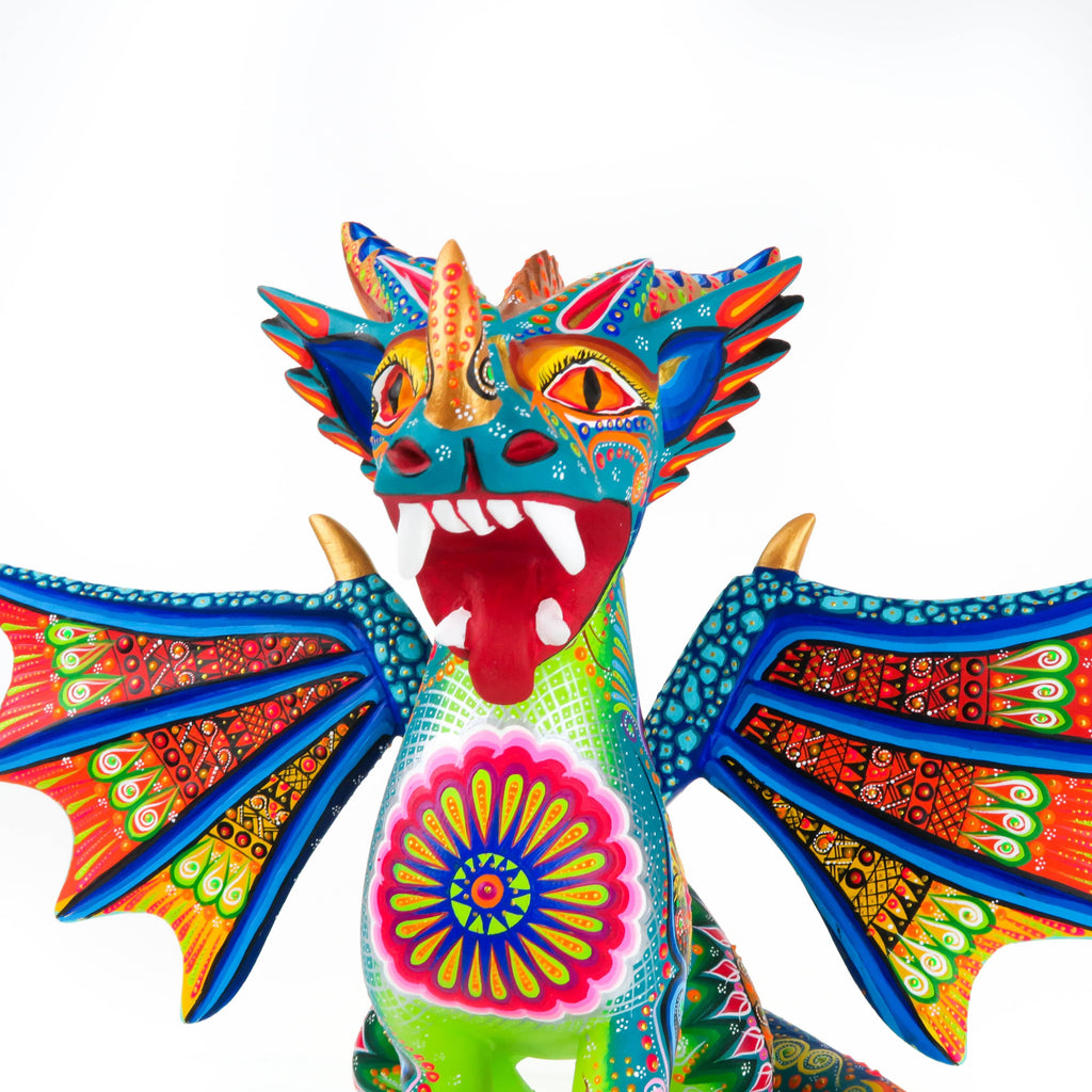 Large 8'' tall Alebrije Hand Painted Dragon top Wood Carving Oaxacan Folk Art Mexico