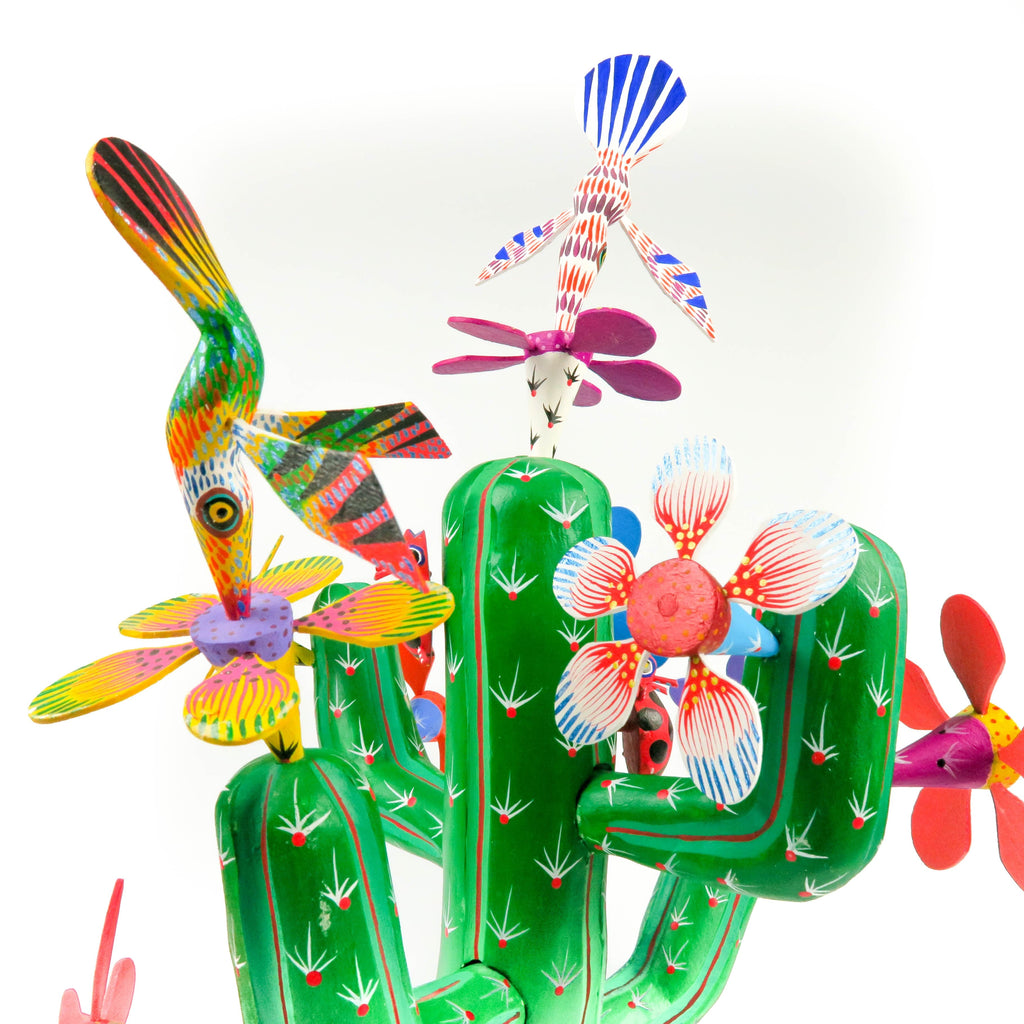 Flowering Cactus With Hummingbirds - Oaxacan Alebrije Wood Carving