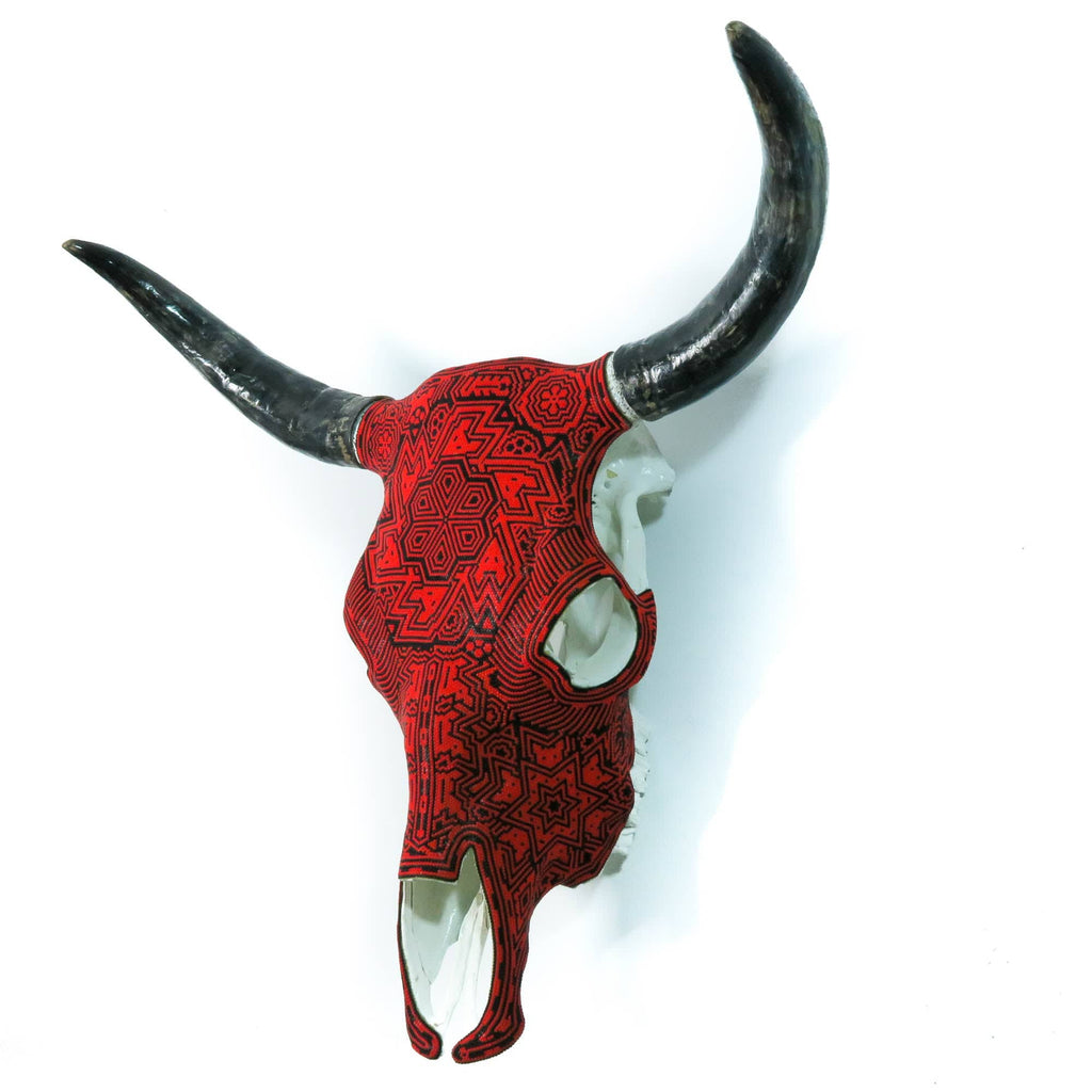 Huichol Beaded Bull Skull Wall Mount Mexican Folk Art (Red Black