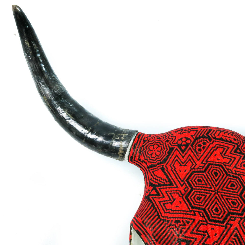 Huichol Beaded Bull Skull Wall Mount Mexican Folk Art (Red & Black