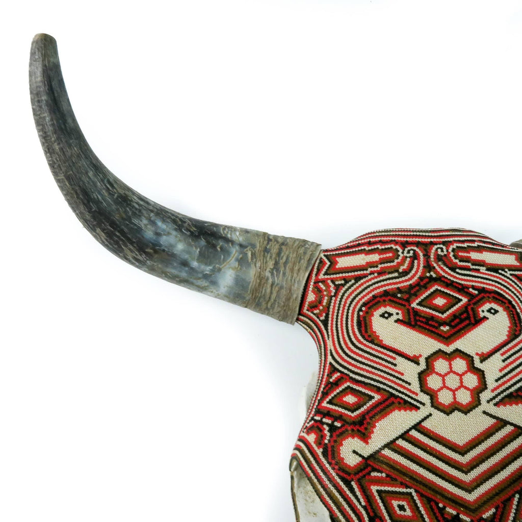 Huichol Beaded Bull Skull Wall Mount Mexican Folk Art (Red & White