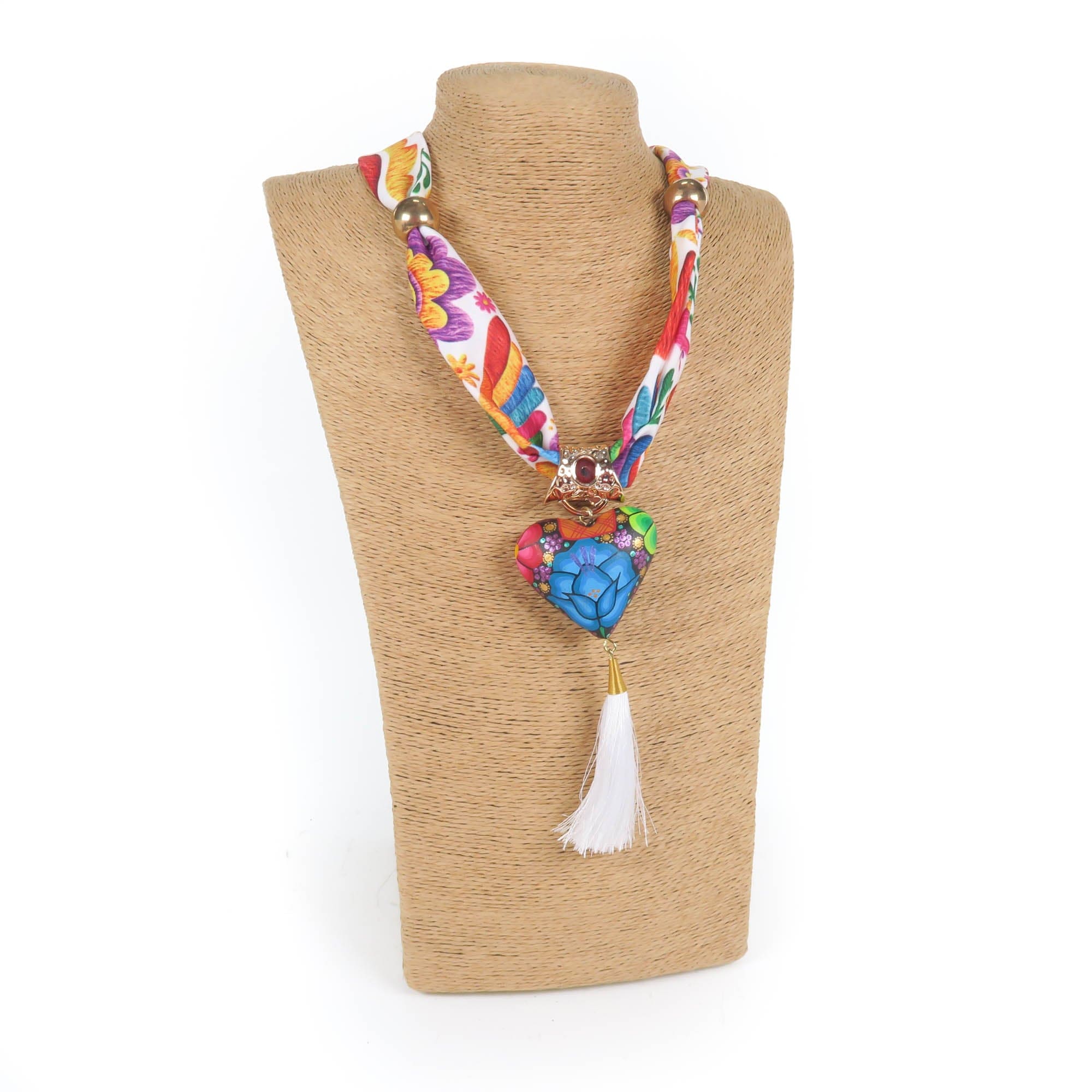 Oaxacan Alebrije Wood Carving Heart & Flowers Necklace