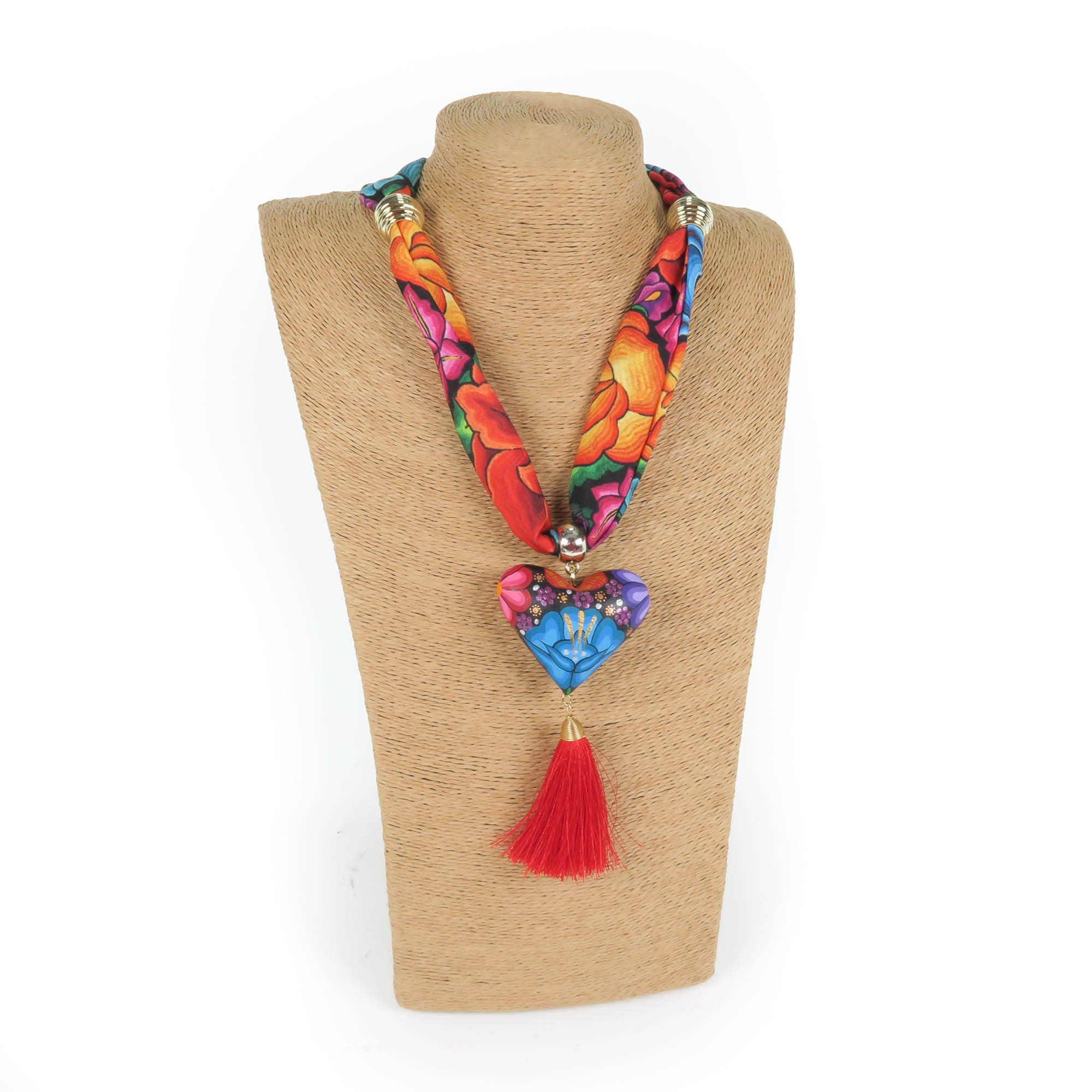 Oaxacan Alebrije Wood Carving Heart & Flowers Necklace