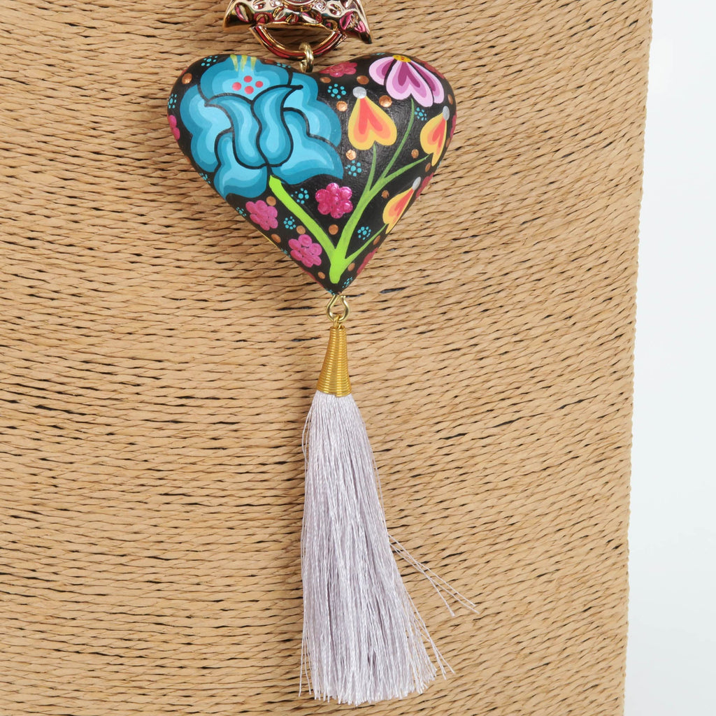 Oaxacan Alebrije Wood Carving Heart & Flowers Necklace
