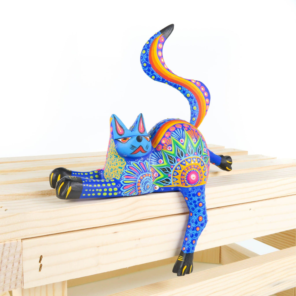 Shelf Sitting Cat (Blue) - Oaxacan Alebrije Wood Carving