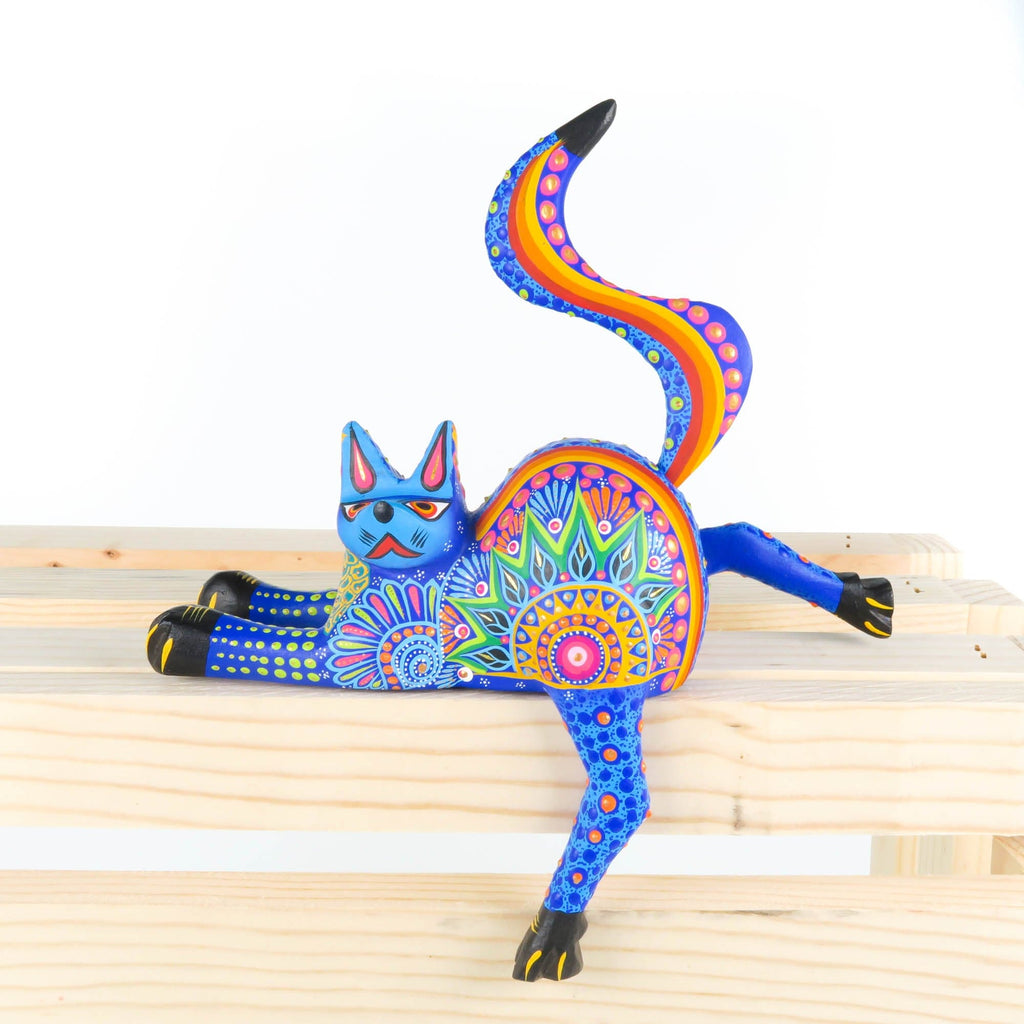 Shelf Sitting Cat (Blue) - Oaxacan Alebrije Wood Carving