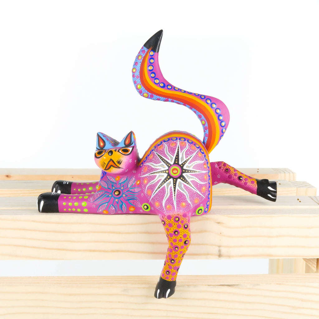 Shelf Sitting Cat (Fuchsia) - Oaxacan Alebrije Wood Carving