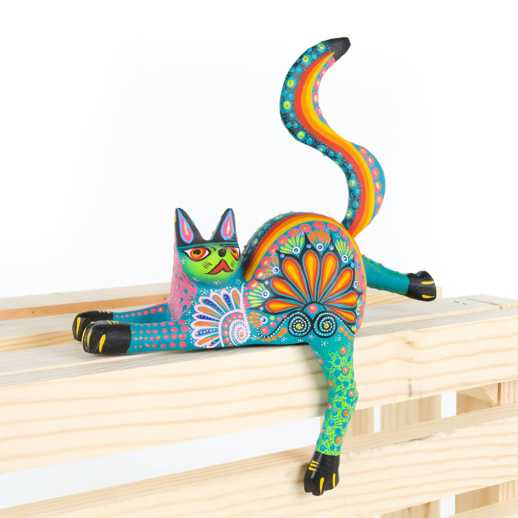 Shelf Sitting Cat (Green) - Oaxacan Alebrije Wood Carving
