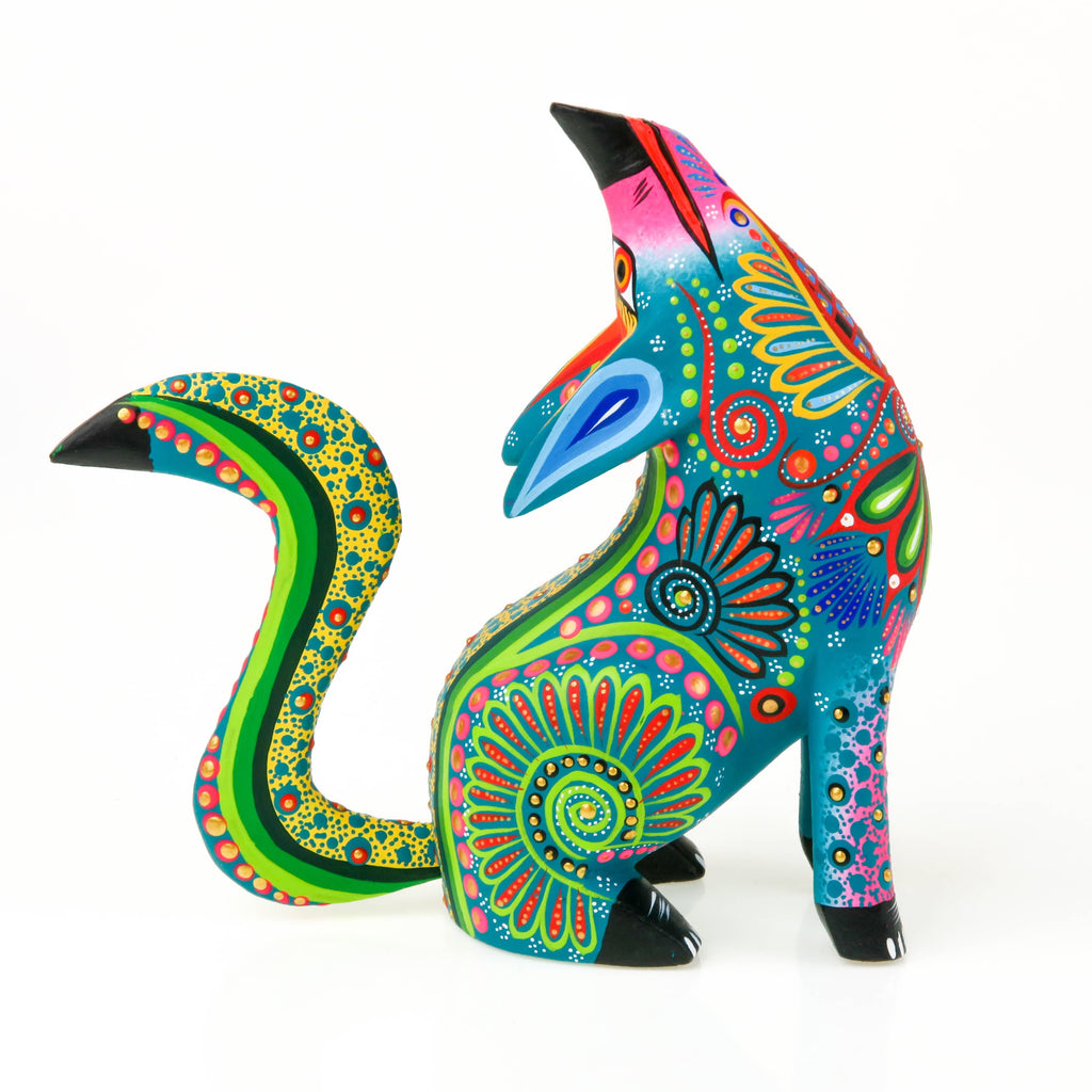 Turquoise Howling Coyote - Oaxacan Alebrije Wood Carving