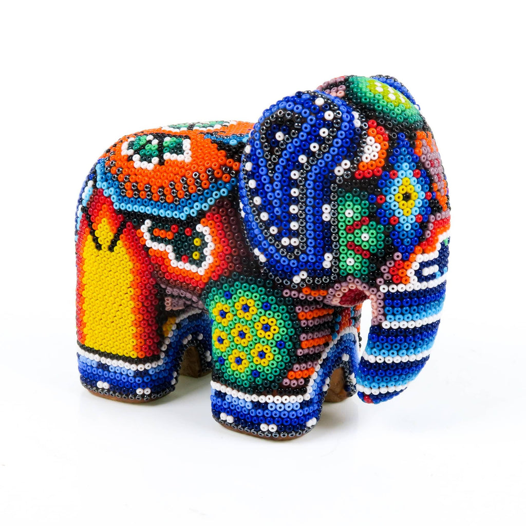 Beaded Elephant - Huichol Wood Carving Art www.VivaMexico.com