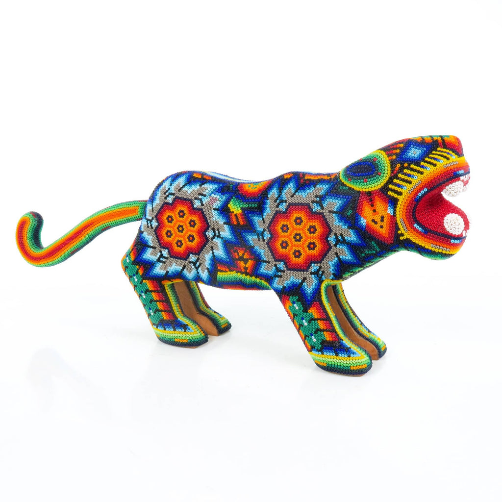 Huichol Beaded Jaguar Wood Carving Art – VivaMexico.com - Mexican Art