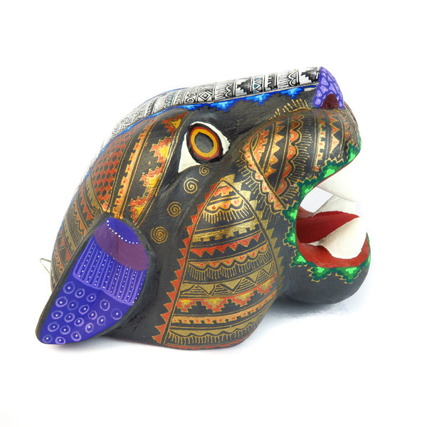 Black & Gold Jaguar Head - Oaxacan Alebrije Wood Carving - VivaMexico.com