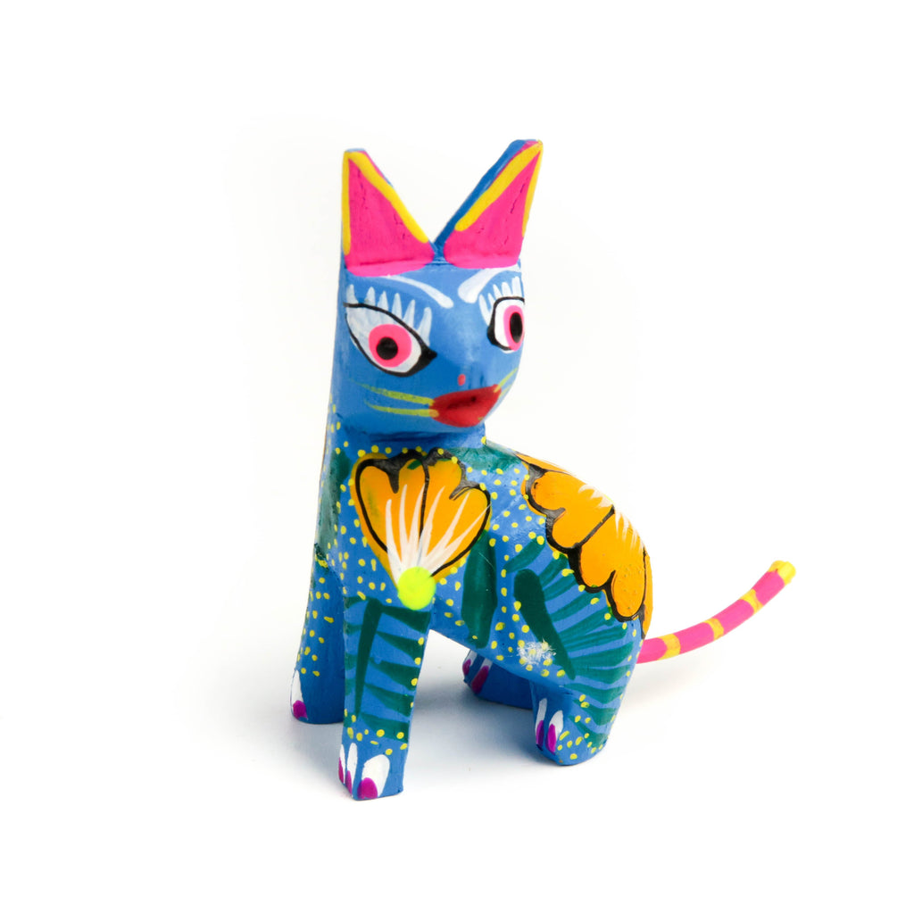 Blue Cat Mini Oaxacan Alebrije Wood Carving Mexican Folk Art Sculpture - VivaMexico.com