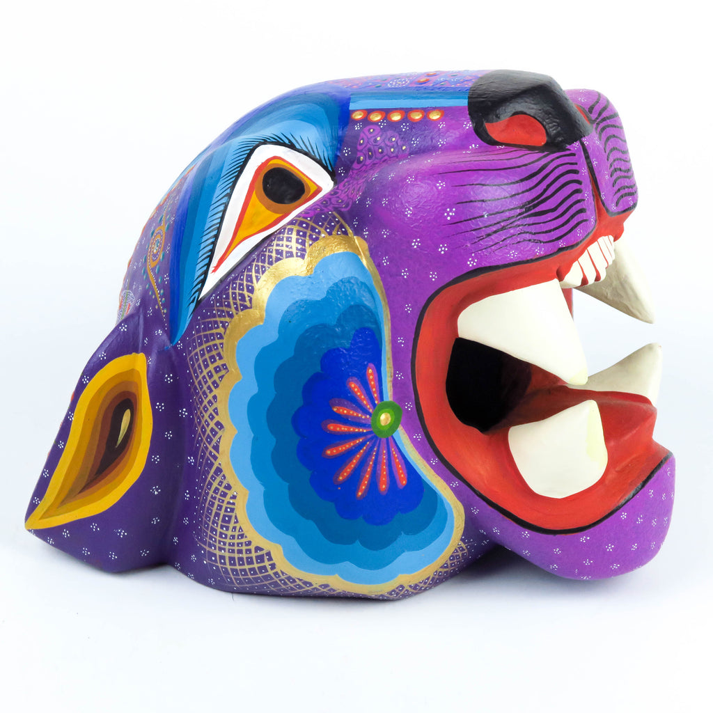 Purple Jaguar Head - Oaxacan Alebrije Wood Carving - VivaMexico.com
