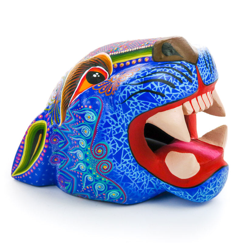 Blue Jaguar Head - Oaxacan Alebrije Wood Carving - VivaMexico.com