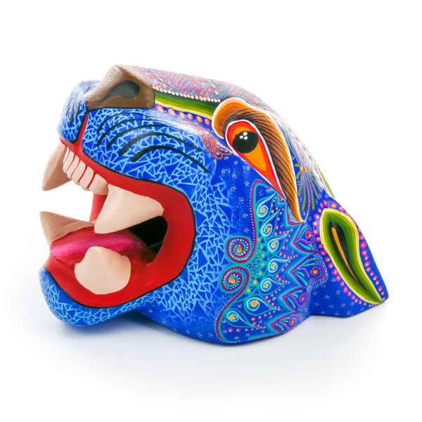 Blue Jaguar Head - Oaxacan Alebrije Wood Carving - VivaMexico.com