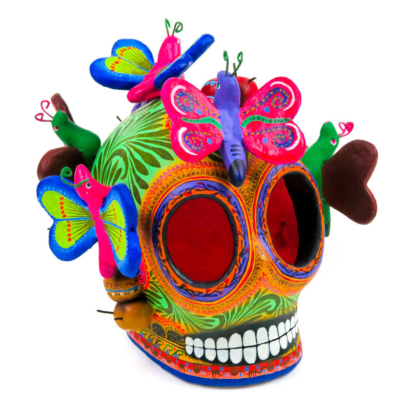 Ceramic Skull With Butterflies - Mexican Folk Art - VivaMexico.com