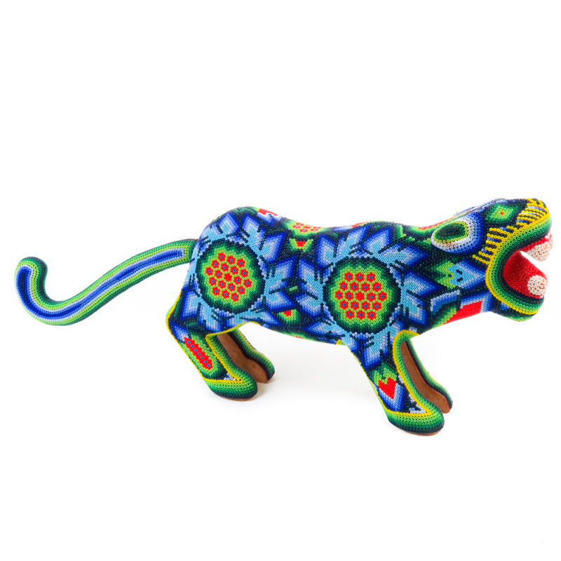 Blue & Green Huichol Beaded Jaguar Wooden Sculpture - VivaMexico.com