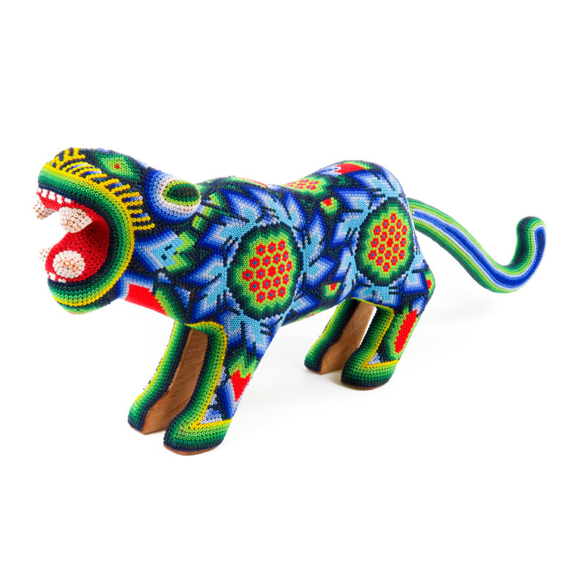 Huichol Beaded Jaguar Wooden Sculpture – VivaMexico.com - Mexican Art