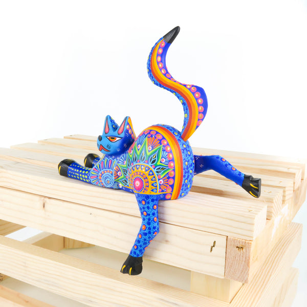 Shelf Sitting Cat (Blue) - Oaxacan Alebrije Wood Carving