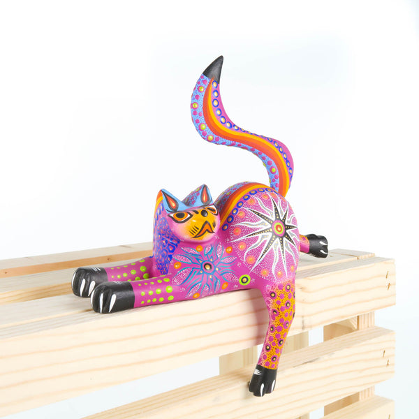 Shelf Sitting Cat (Fuchsia) - Oaxacan Alebrije Wood Carving