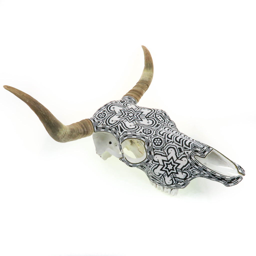 2)Huichol Beaded Bull Skull Wall Mount Mexican Folk Art