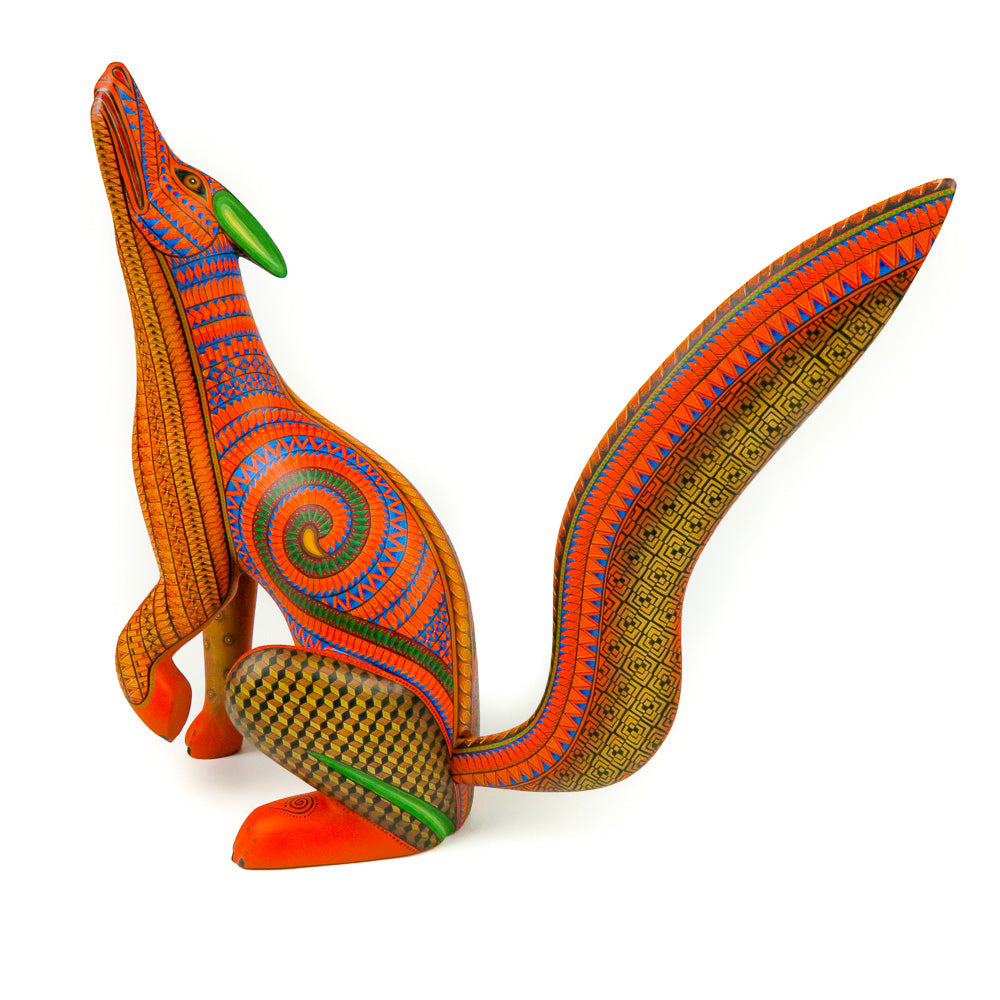 Orange Howling Coyote - Oaxacan Alebrije Wood Carving - Nestor Melchor - VivaMexico.com