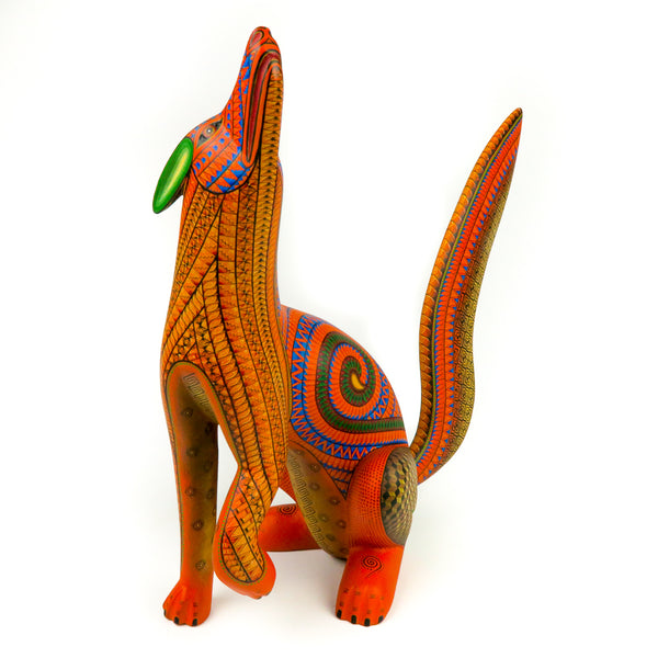 Orange Howling Coyote - Oaxacan Alebrije Wood Carving - Nestor Melchor - VivaMexico.com