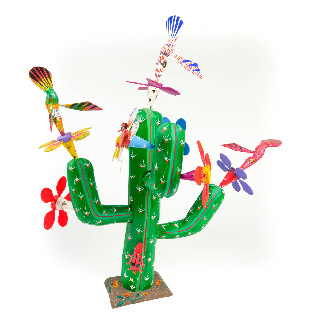 Flowering Cactus With Hummingbirds - Oaxacan Alebrije Wood Carving - VivaMexico.com