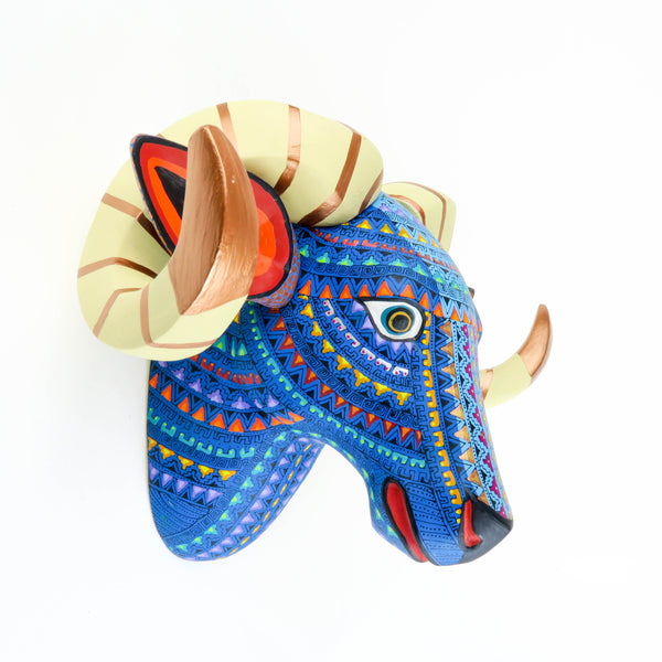 Bighorn Ram Head Wall Mount - Oaxacan Alebrije Wood Carving