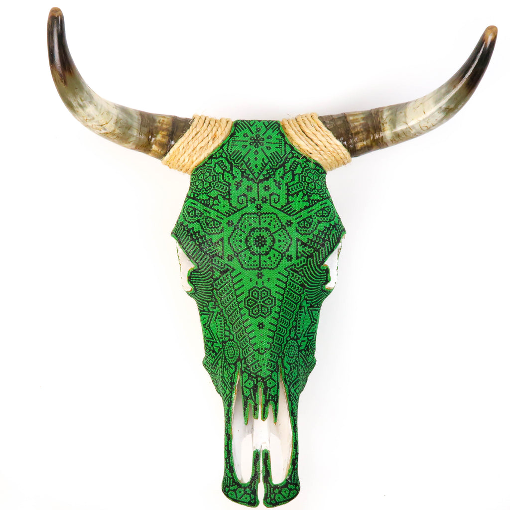 Huichol Beaded Bull Skull Wall Mount Mexican Folk Art (Green) - VivaMexico.com