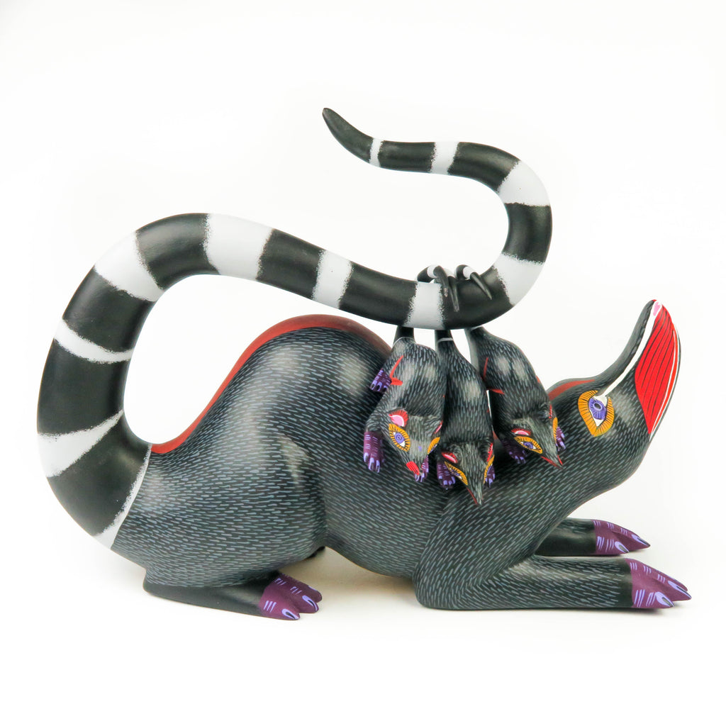 Black Opossum Family - Oaxacan Alebrije Wood Carving Mexican Folk