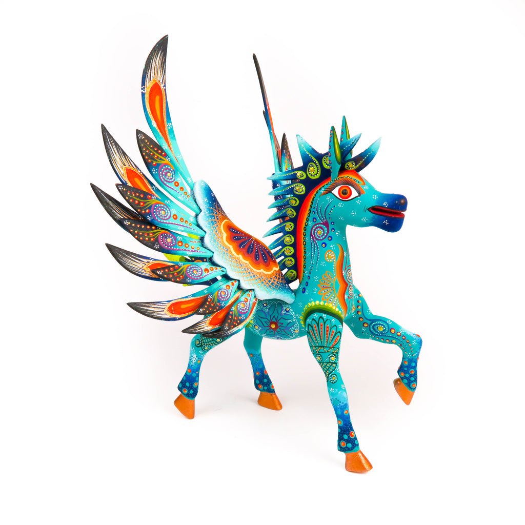 Masterpiece Turquoise Pegasus Horse - Oaxacan Alebrije Wood Carving - VivaMexico.com