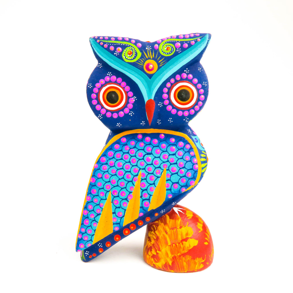 Blue Perched Owl - Oaxacan Alebrije Wood Carving - VivaMexico.com