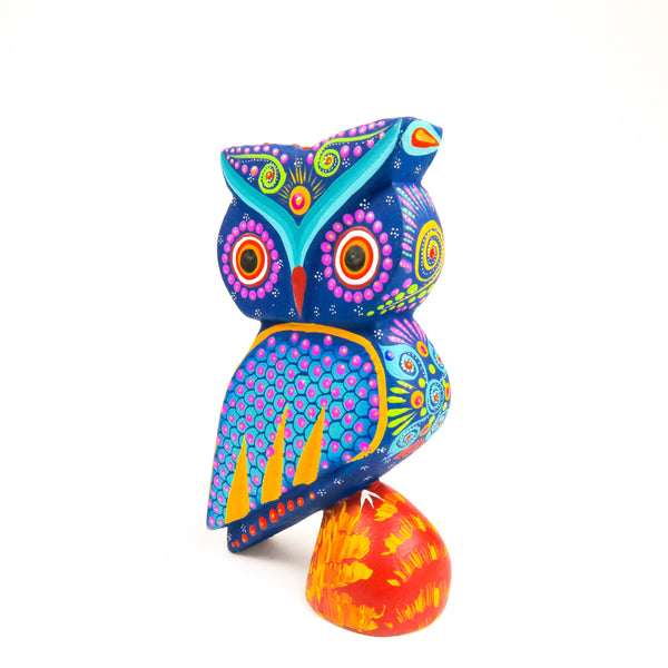 Blue Perched Owl - Oaxacan Alebrije Wood Carving - VivaMexico.com