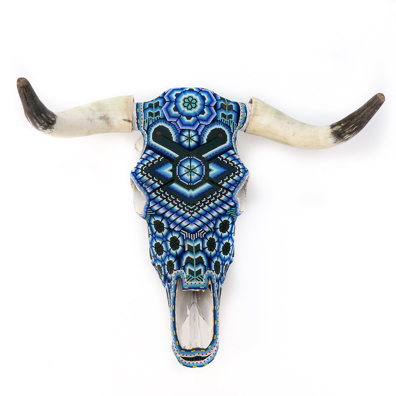 Blue & Green Huichol Bull Skull Wall Mount - Authentic Mexican Folk Art - VivaMexico.com