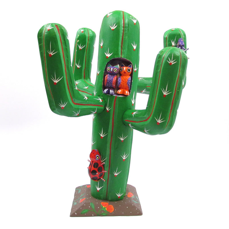 Cactus With Owls - Oaxacan Wood Carving - VivaMexico.com